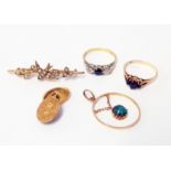 Two gem set rings, brooch, pendant and single cufflink
