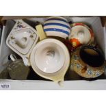 A box containing assorted ceramics including Doulton Lambeth cachepot, Atlas china teapot, etc.