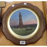 A moulded wood circular framed oil on board, depicting a scene of the Eddystone Lighthouse and