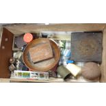 A drawer of collectables including sea urchin shell, daguerreotype portrait of a boy, inkwells, Dr