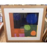 A large framed unsigned abstract form print with polychrome circular and block shapes