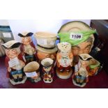 Nine assorted character and Toby jugs including large and miniature Doulton Sairey Gamp, Sandland Mr