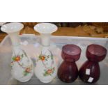 A pair of Victorian opaline glass vases and amethyst hyacinth vases