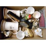 A box containing assorted ceramics including commemorative mugs, etc.