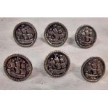 A set of six late Victorian imported silver buttons by Samuel Boyce Landeck of Sheffield depicting a