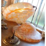 A 1920's mottled orange and white turban form pendant light fitting with original brass chains,