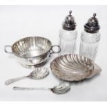 A silver sugar bowl with initials and date, silver shell shaped dish, two casters (1 a/f), one