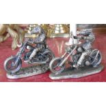 Two pewter figurines of dragons on motorcycles