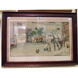 Cecil Aldin: an oak framed coloured print, depicting horses and figures in a courtyard - signed in