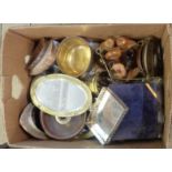 A box of assorted metalware, etc.