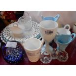 Ten Sowerby and other pressed glass items including posy vases, plates, etc. - sold with a glass