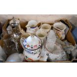 A box containing assorted ceramics including Booths Battersea coffee pot, Coalport Caughley mask