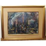 Tore Pintus: a gilt framed and velvet slipped abstract watercolour, depicting the Crucifixion -