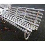 A 1.8m old painted wrought iron framed garden bench with wooden slats - some a/f