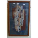 Brian Hollett: a framed mixed media abstract painting, depicting figures in oblong shaped panes -