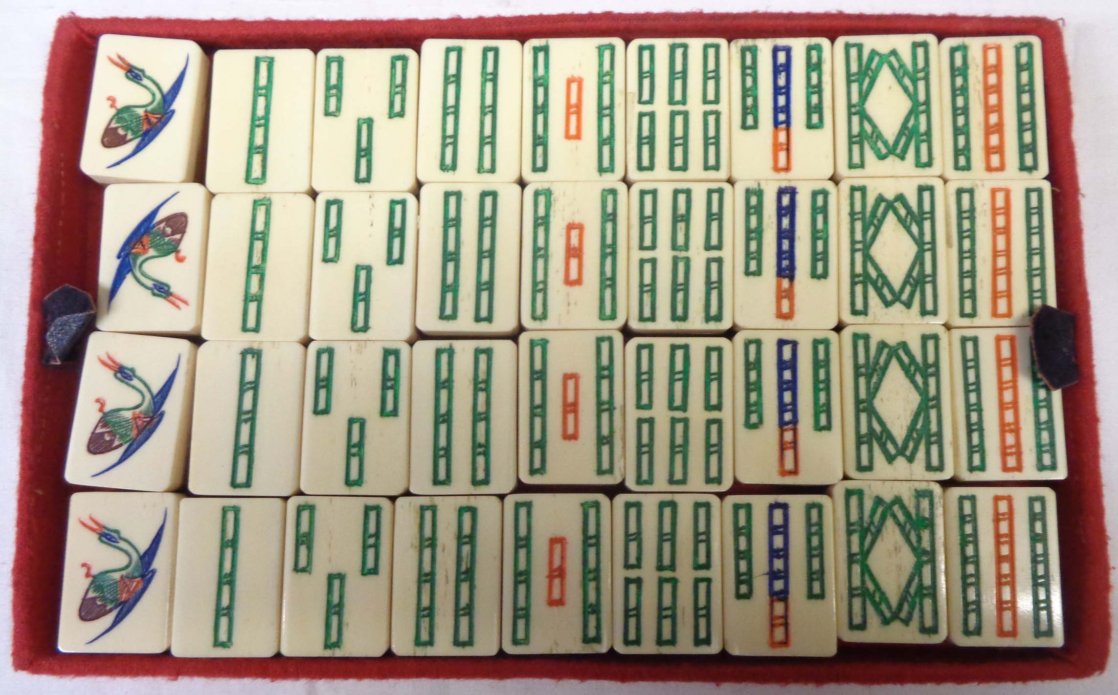 A vintage Japanese bone and bamboo Mah Jong set with counters, dice, and instructions in tooled - Image 6 of 11