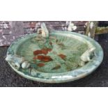 A Lucy Smith glazed pottery frog decorated garden bowl with artist's initials to centre