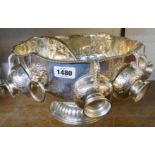 A silver plated punch bowl with lion mask ring handles and six cups, a parcel gilt kings pattern