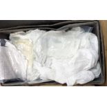 An old laundry box containing assorted linen and lace including Christening dresses, nightdresses,