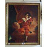 Michael Nance: a gilt framed oil on board reproduction portrait of a seated boy wearing a red velvet