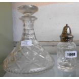 A Stuart cut glass ships decanter and cut glass sugar sifter with silver plated top