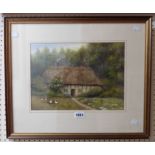 David Pritchard: a framed watercolour, depicting a thatched cottage in woodland - signed and bearing