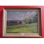 Gilbert Solomon: a framed oil on board entitled "A Sussex Landscape" - 33.5cm X 47cm - artist's