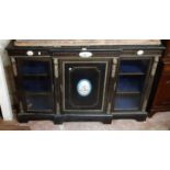 A 1.65m late Victorian ebonised and boxwood strung breakfront credenza with cast brass decorative