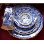 Eleven pieces of blue and white transfer printed china including Pratt's Lake Scenery spill vase,