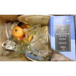 A box containing assorted china and glass including ceramic fruit, Portemeirion cups and saucers,