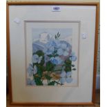 R.J.L.: a framed watercolour, depicting blue flowers before a mountain landscape - signed with