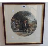 W.J. Shayer: a framed coloured engraving with circular image, entitled Here Come the Hounds