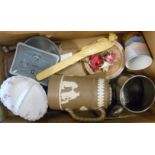 A box containing assorted ceramics including Wedgwood, Rolls Royce glass pin trays, etc.