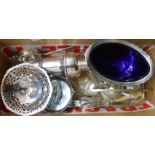 A box containing a quantity of small silver plated items including Regis sugar caster, large