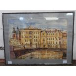 A metal framed late 20th Century Russian watercolour, depicting St Petersburg buildings with