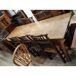 A 2.2m antique provincial elm two plank top farmhouse kitchen table, set on square legs
