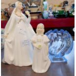 A Royal Doulton figurine HN 2873 Bride - sold with HN 2874 Bridesmaid and a blue glass vase
