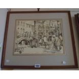 Michael Brockway: an ink and sepia wash drawing, depicting figures in a piazza - label verso