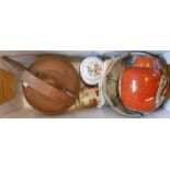 A box containing assorted items including Coalport and other ginger jars, linen, copper kettle,