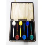 A cased set of six silver and enamel coffee spoons by David Andersen - marked 925/sterling - five