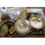 A collection of small silver plated items including trumpet vase, pedestal bowls and wine coaster,