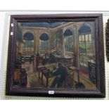 P. Cowen: an oak framed oil on canvas, depicting figures at desks in interior entitled Fleet