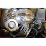 A box containing a quantity of small silver plated items including tureen handles, wine taster and