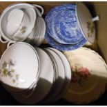 A box containing assorted pottery including Susie Cooper plates, Copeland Spode Italian bowls and