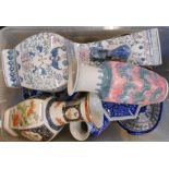 A box containing assorted ceramics including Imari plate and bowl, modern oriental items, etc.