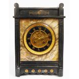An Aesthetic Movement black slate and marble cased mantle clock, with visible escapement to gilt and