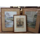 A framed mid 20th Century mixed media view of canal side buildings in Amsterdam - text verso -