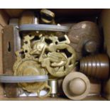 A box containing assorted metalware including weights, horse brasses, door furniture, etc.