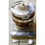 A vintage oak coopered biscuit barrel with silver plated mounts and biscuit label/rope coil knob