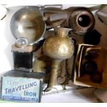 A box containing metalware including Clem travelling iron, brass vase, torch, etc.
